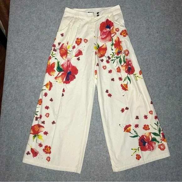IVKO Women's Cream Floral Print Wide Leg Pant.   Sz: 38 EU/ 8 US - Picture 6 of 9
